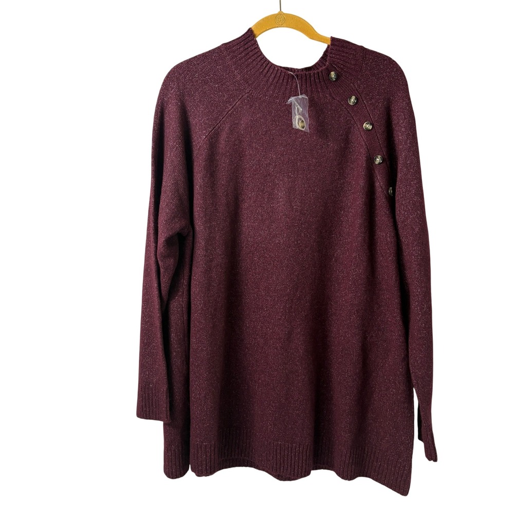 Denim & Co Tunic Sweater Size XL Burgundy Button Mock Neck A627233 NWOT